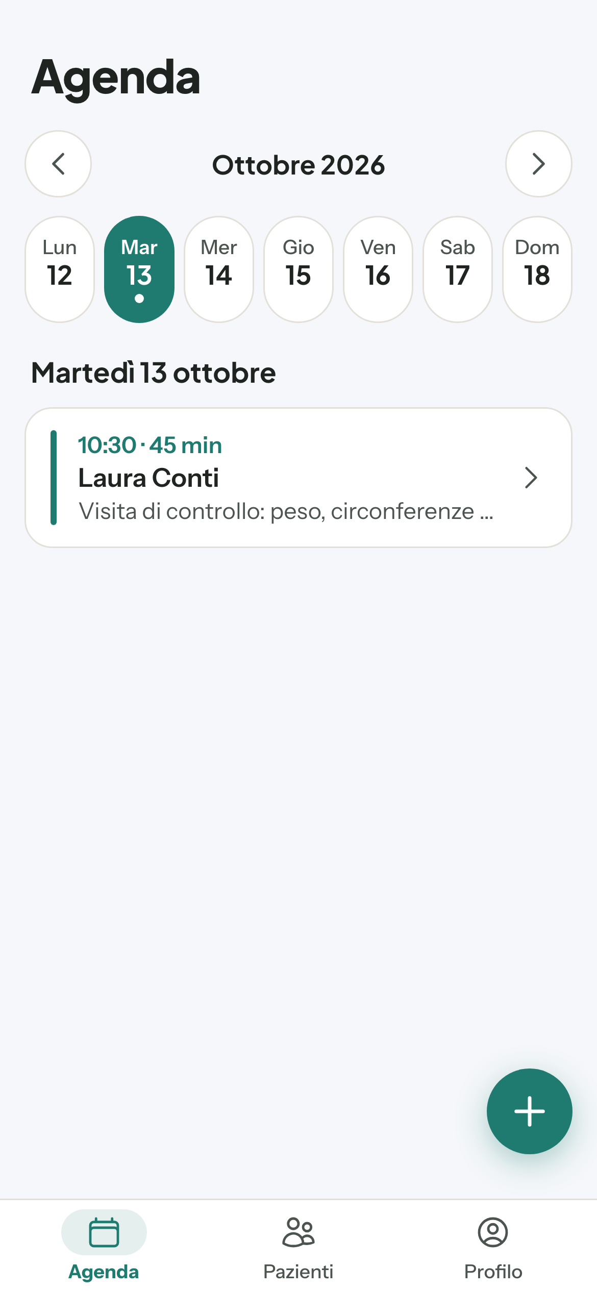 App ProDiets del nutrizionista, agenda della settimana con gli appuntamenti del giorno e il pulsante per crearne uno nuovo
