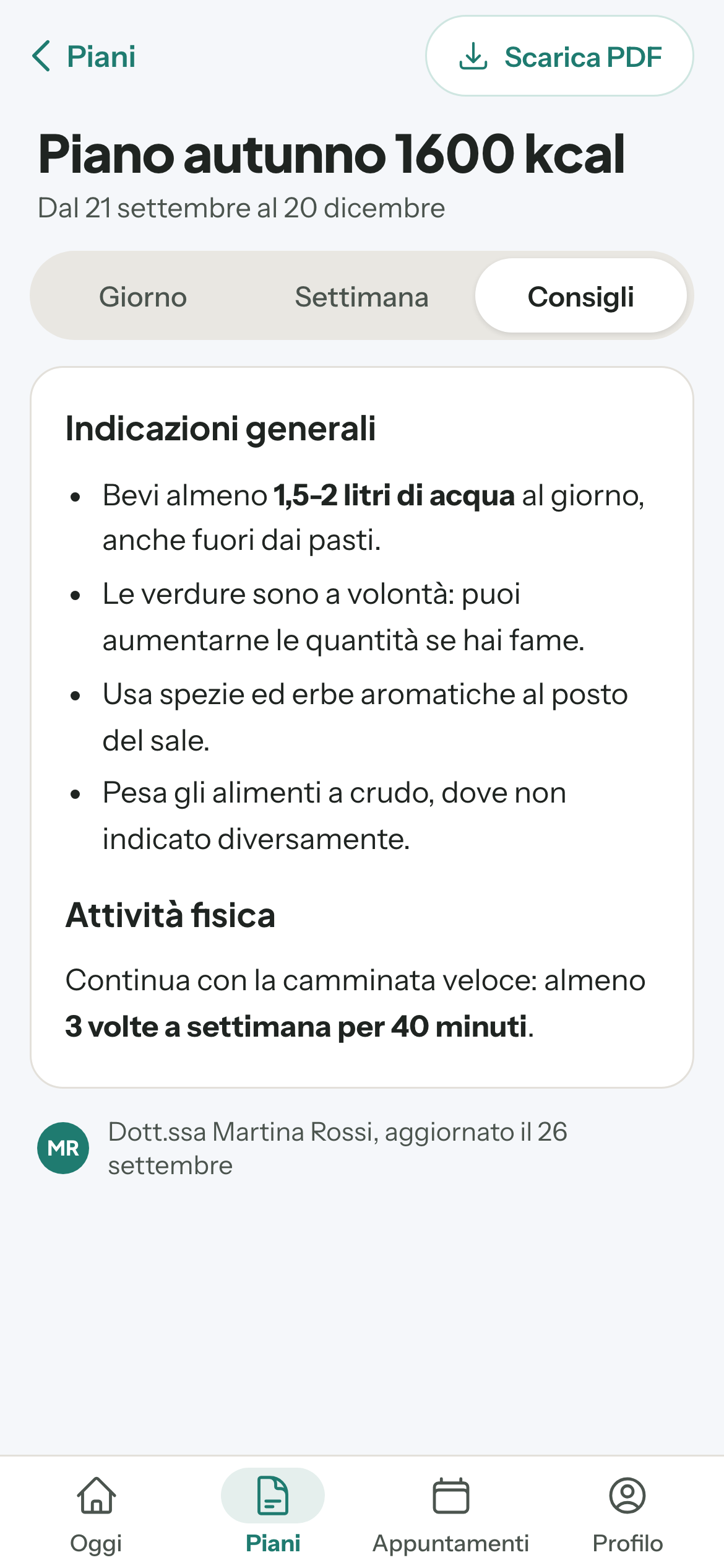 App del paziente, i consigli del nutrizionista allegati al piano