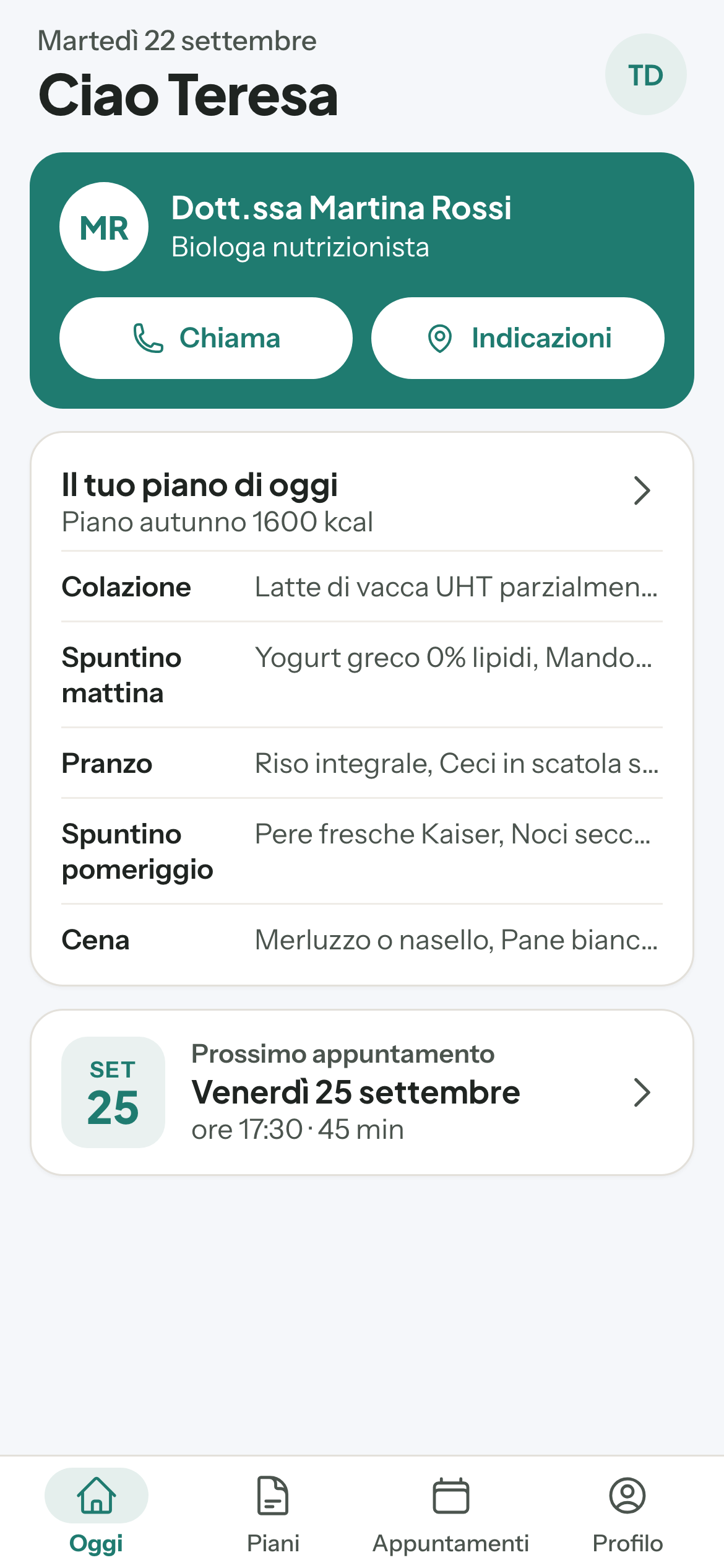 App del paziente, pagina Oggi: i pasti del giorno e il prossimo appuntamento