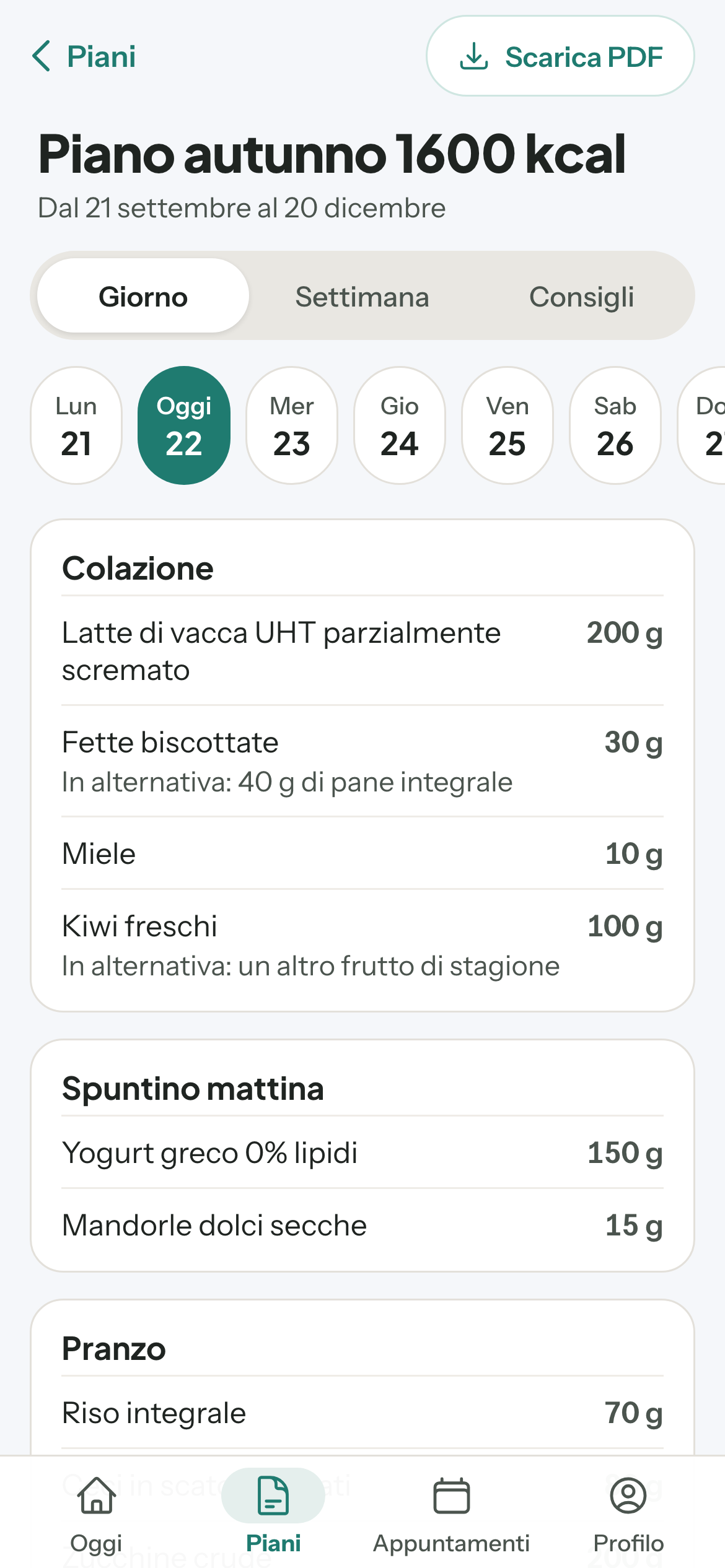 App del paziente, piano alimentare nella vista Giorno con i pasti e gli alimenti