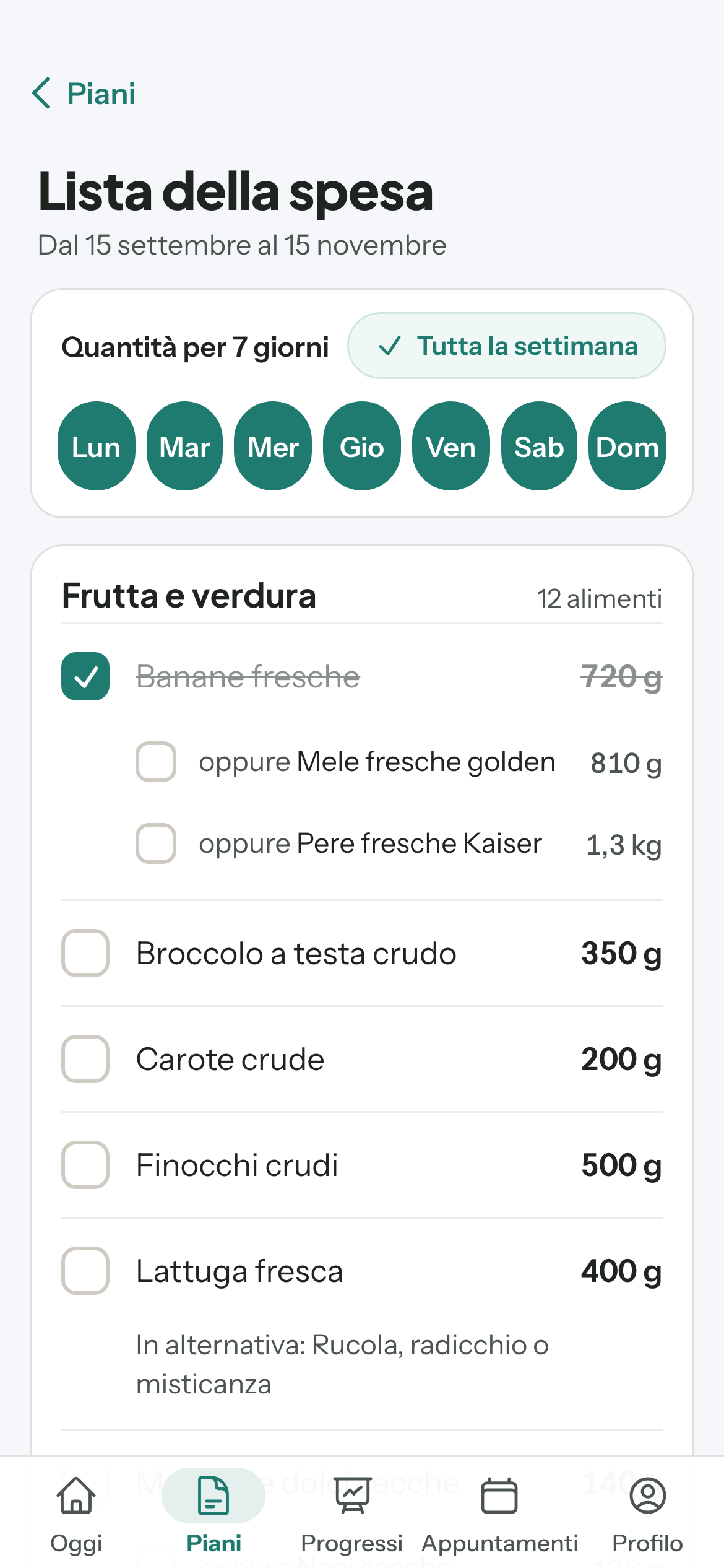App ProDiets del paziente, lista della spesa della settimana divisa per reparto, con i giorni, un alimento spuntato e le alternative