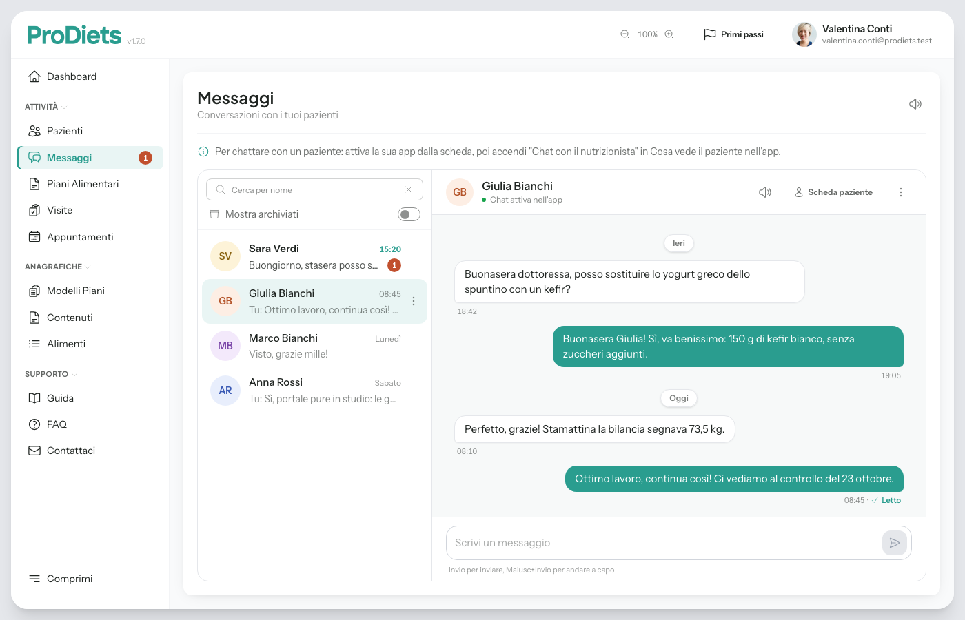 Pagina Messaggi di ProDiets con l'elenco delle conversazioni, un messaggio da leggere e la chat con una paziente aperta, con Letto sotto l'ultimo messaggio