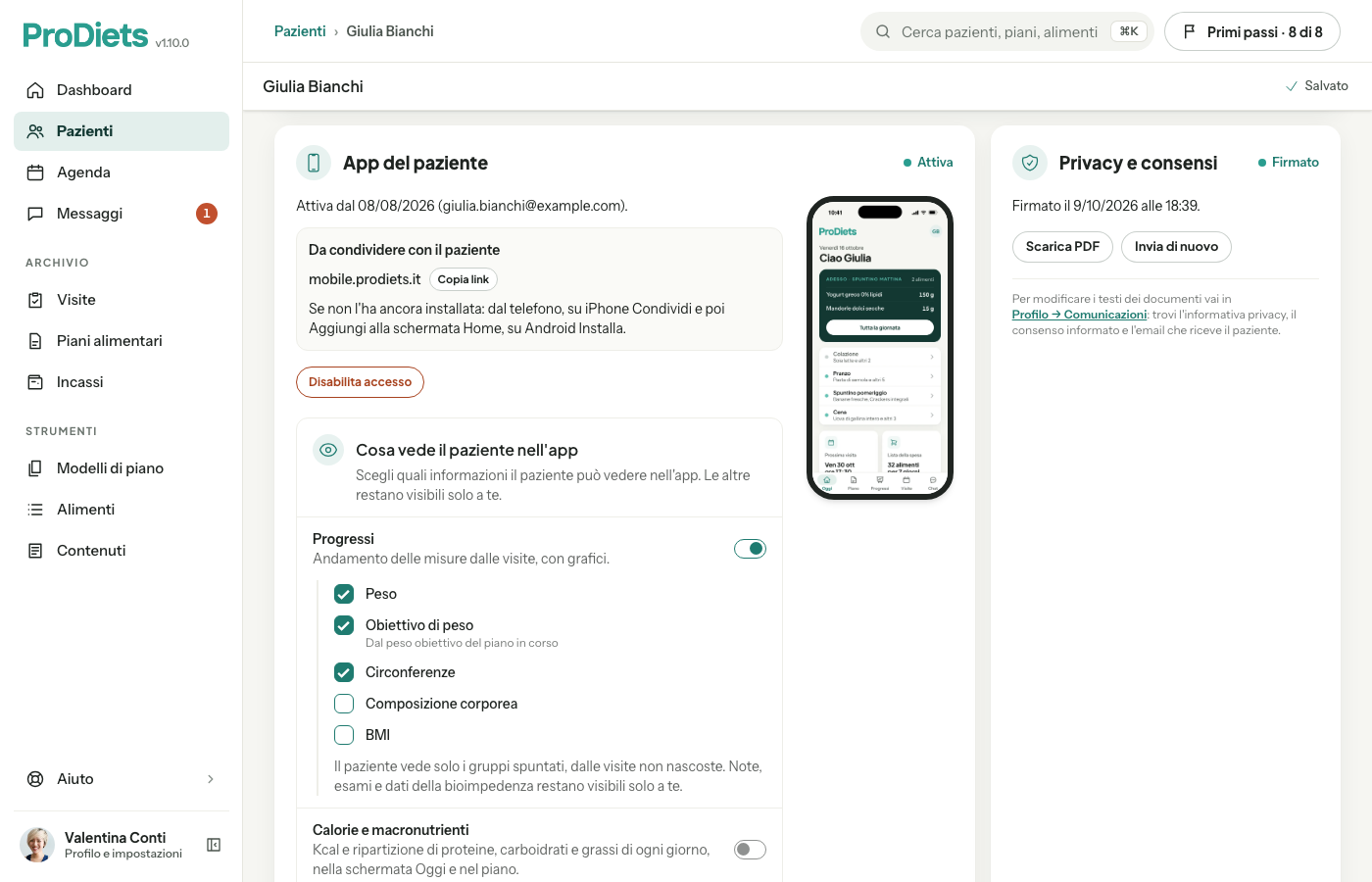 Scheda di una paziente con la carta Privacy e consensi: documenti firmati con data e ora, Scarica PDF e Invia di nuovo