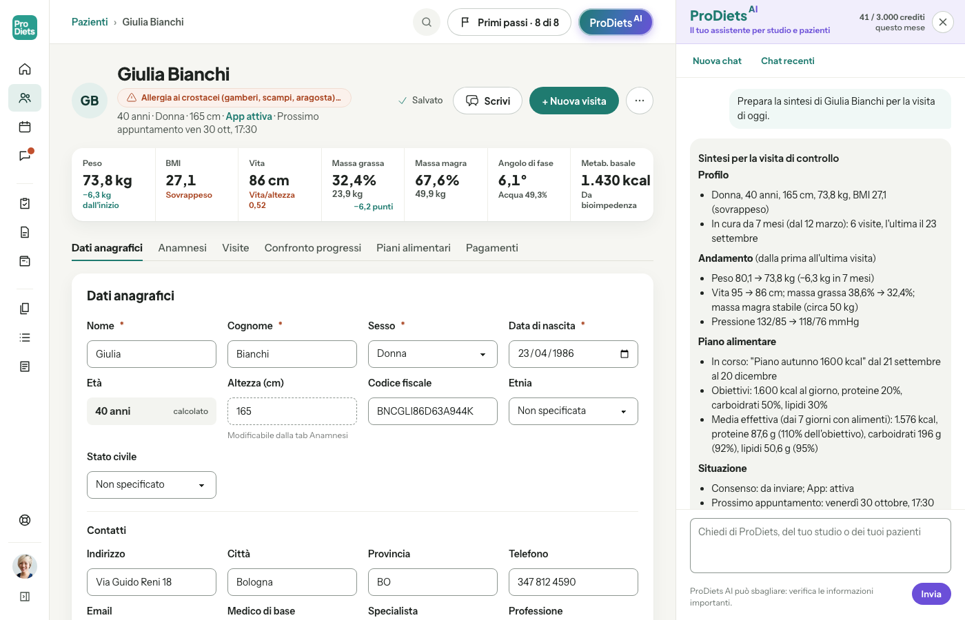 Scheda di Giulia Bianchi con il pannello ProDiets AI aperto sulla Sintesi per la visita di controllo: profilo, andamento di peso, vita, massa grassa e magra e pressione dalla prima visita, piano in corso e situazione
