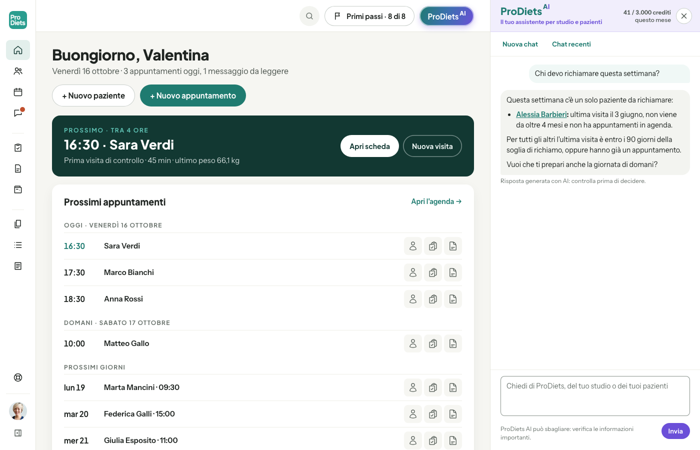 Dashboard con il pannello ProDiets AI aperto: alla domanda "Chi devo richiamare questa settimana?" risponde con un solo paziente, con il link alla scheda e la data dell'ultima visita, e dice che tutti gli altri sono entro la soglia di richiamo o hanno già un appuntamento